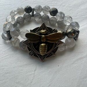 French Kande Bee Motif Gray Beaded Stretch Bracelet